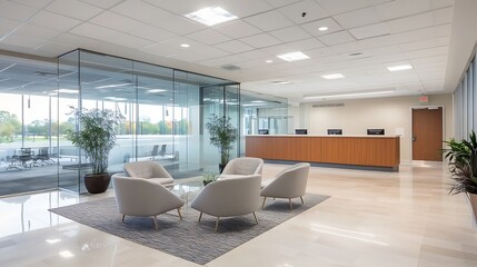 Elegant modern office reception area with comfortable seating and nature views : Generative AI
