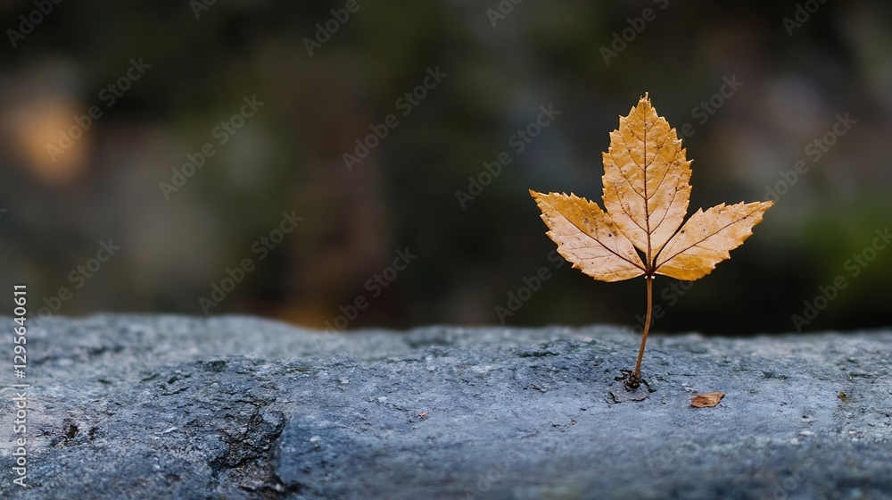 Poster single yellow maple leaf growing from rock surface in nature scene : generative ai