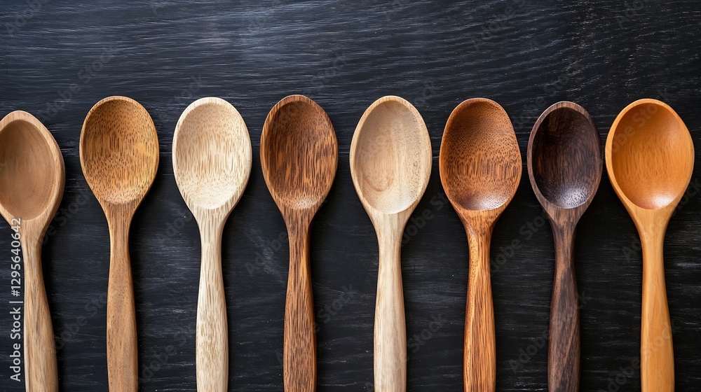 Poster artisanal wooden spoons arranged in a line showcasing various textures and colors on a rustic wooden