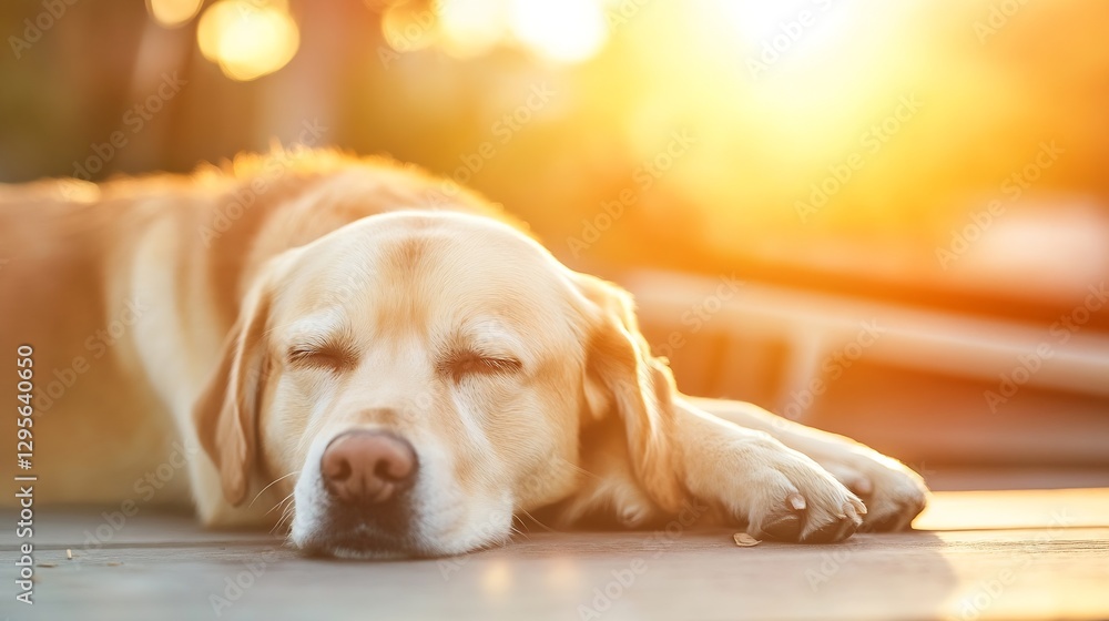 Poster relaxing golden retriever dog sleeping in sunset glow with soft light creating cozy atmosphere : gen