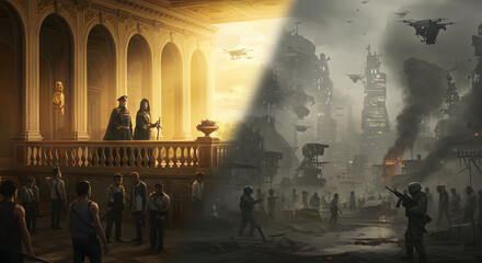 Dystopian contrast ruling class versus war torn city with technology