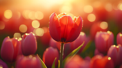 Obraz premium A red tulip with dewdrops in warm bokeh