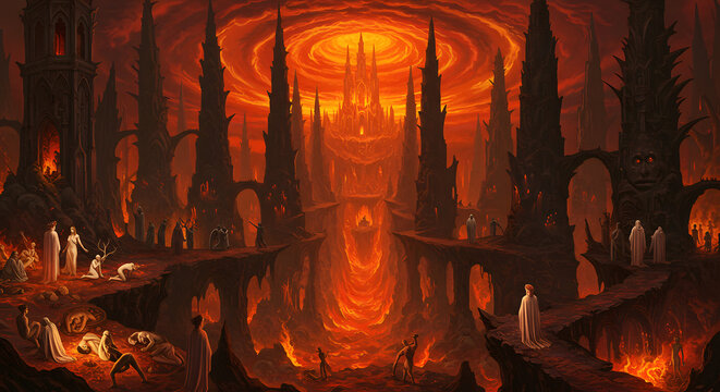Infernal Landscape with Dark Towers and Figures in the Fiery Depths
