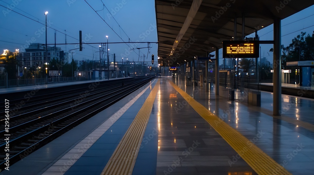 Poster empty train station platform at night with reflections and signage : generative ai