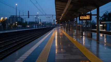 Empty Train Station Platform at Night with Reflections and Signage : Generative AI
