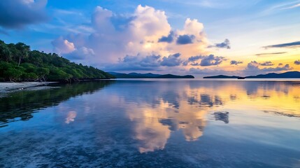 Fototapeta premium Serene View of Tropical Sunset Reflecting on Calm Water Surrounded by Lush Greenery and Islands : Generative AI