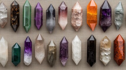 Colorful Crystals Displayed on Neutral Background with Various Shapes