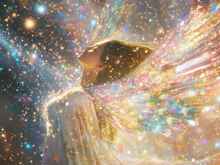 Celestial goddess with glowing wings stands under starlit sky, surrounded by shining stars and radiant light dots descending from heavens. Ethereal spiritual art radiates divine feminine power