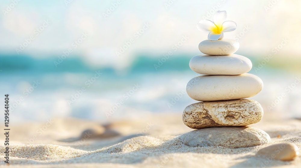 Poster serene stacked stones with a delicate flower on a beach symbolizing tranquility and balance in natur