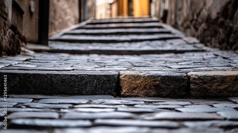 Poster old cobblestone alley leading upwards with a warm light at the end of the path : generative ai