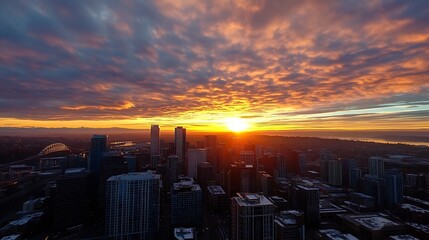 Stunning aerial sunset view of a city skyline showing clouds and vibrant colors in the sky : Generative AI