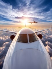 A view of an airplane flying above the clouds at sunset