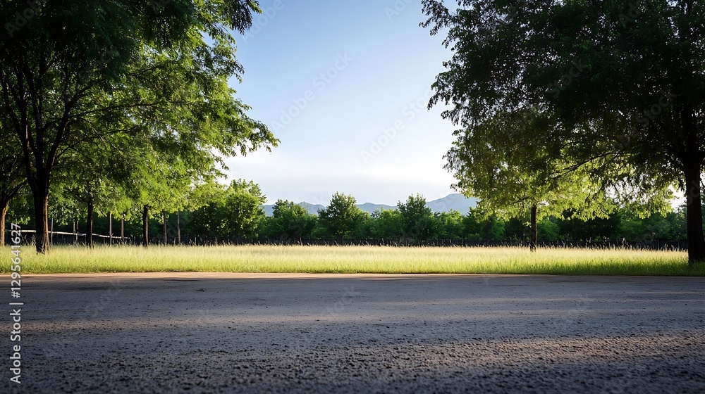 Poster green grassy field bordered by trees casting shadows on a sunny day : generative ai