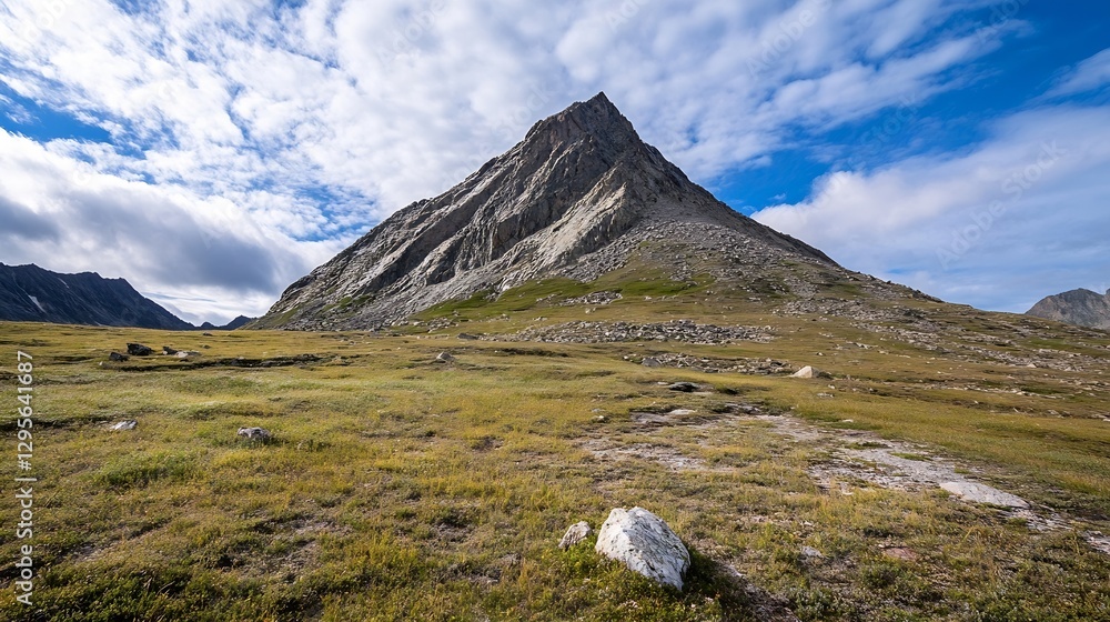Poster imposing mountain peak under a dramatic sky with open grassy plains in the foreground : generative a