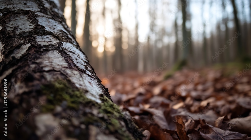 Aufkleber closeup of a birch tree trunk surrounded by autumn leaves in a misty forest : generative ai
