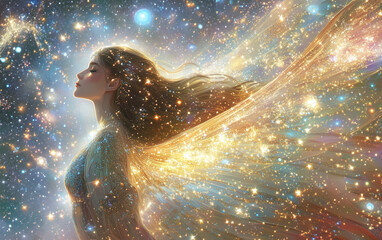 Celestial goddess with glowing wings stands under starlit sky, surrounded by shining stars and radiant light dots descending from heavens. Ethereal spiritual art radiates divine feminine power