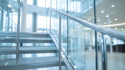 Fototapeta premium Modern glass staircase leading to a brightly lit hallway in a contemporary office building : Generative AI