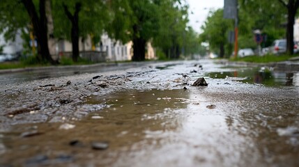 Fototapeta premium Close-up of wet pavement after rain showcasing muddy textures and greenery : Generative AI