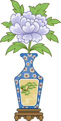 White Peony in Chinese blue vase with flowery design. Chinoiserie illustration. Oriental element.