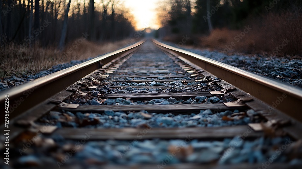 Poster Perspective view of railway tracks leading into a colorful sunset landscape with trees : Generative AI