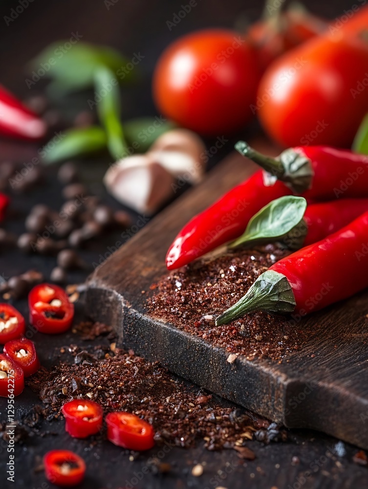 Poster vibrant red chili peppers with tomatoes and spices on a rustic wooden surface : generative ai