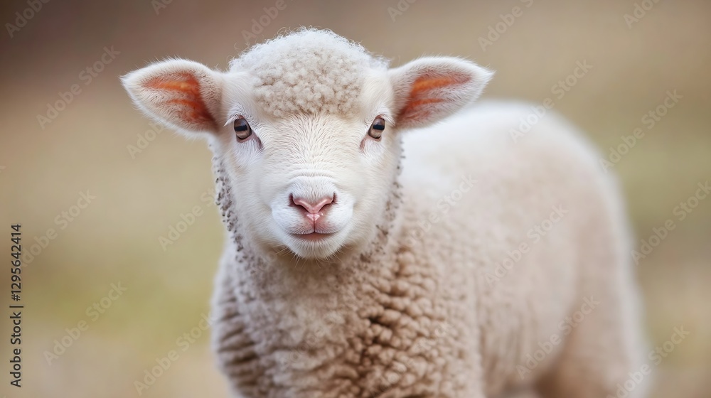 Poster close up of adorable young lamb with fluffy fur in natural setting : generative ai