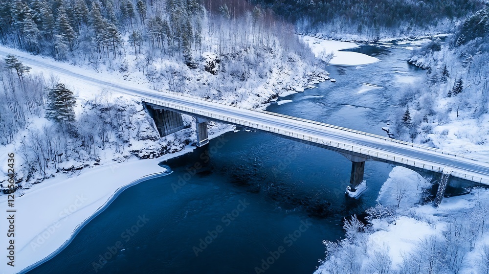 Aufkleber aerial view of a snowy landscape featuring a bridge crossing a pristine river surrounded by snowcove