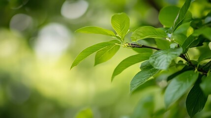 Close up of vibrant green leaves showcasing fresh foliage in a sunny natural background : Generative AI