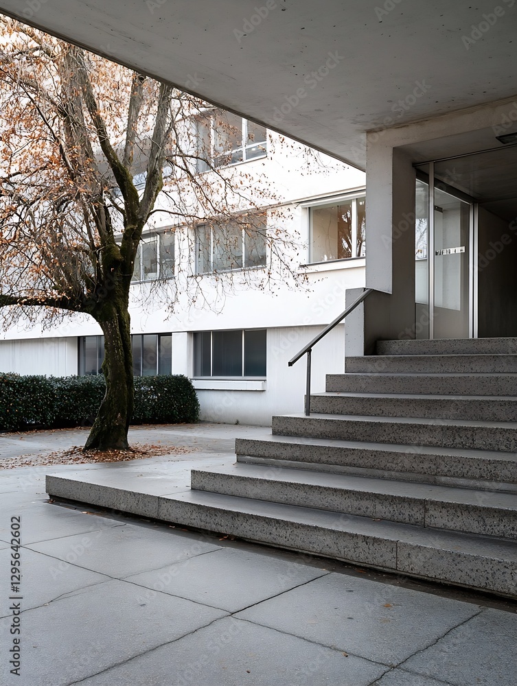 Poster Modern urban architecture featuring clean lines with stairs leading up to a contemporary building : Generative AI