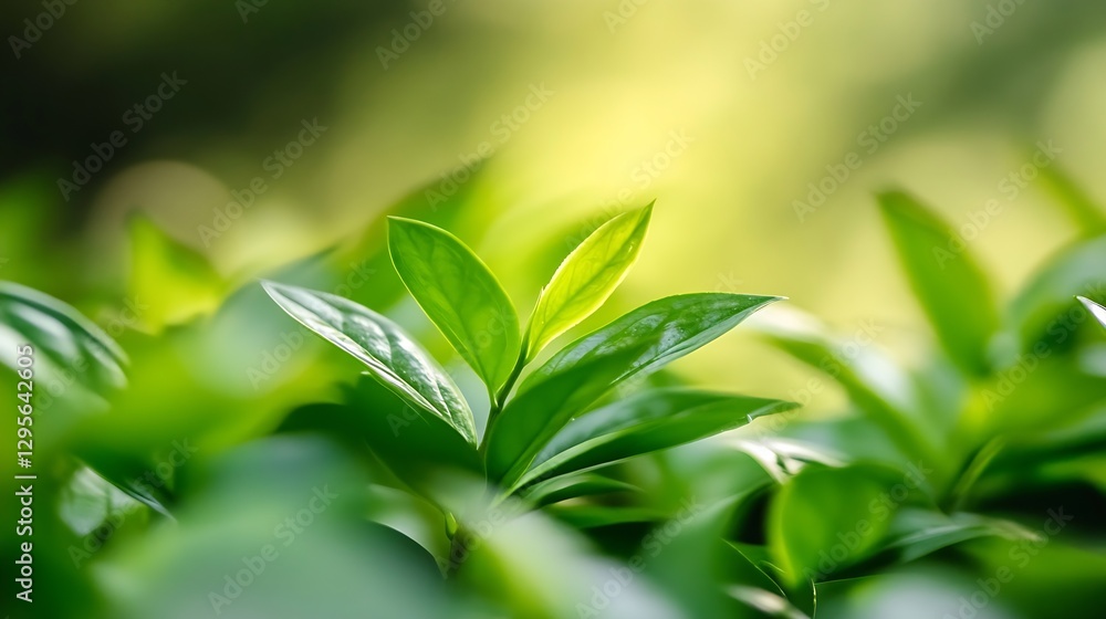 Poster lush green leaves with sunlight in the background creating a serene nature atmosphere : generative a