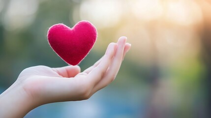Obraz premium Hand holding felt heart symbolizing love and compassion in a soft light background : Generative AI