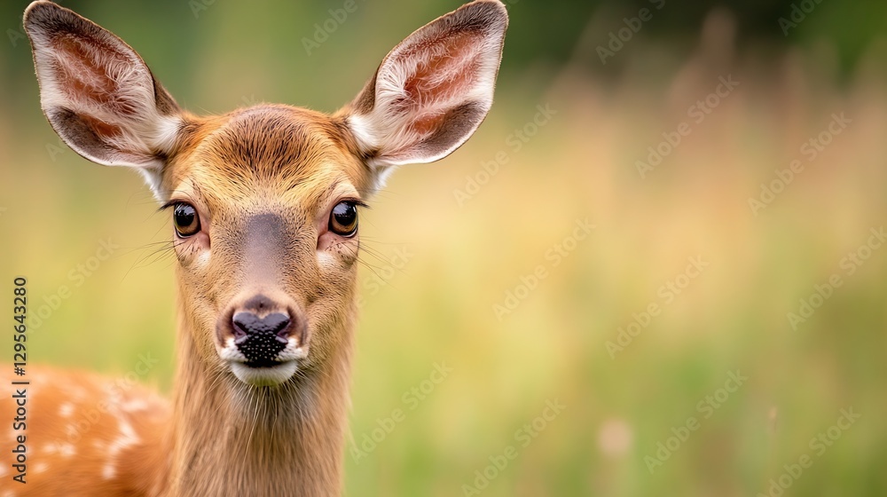 Poster Beautiful closeup portrait of a young deer with large ears and a gentle expression in a natural setting : Generative AI