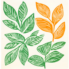 A collection of leaves illustrated with a linocut style in shades of green and orange on a white background.