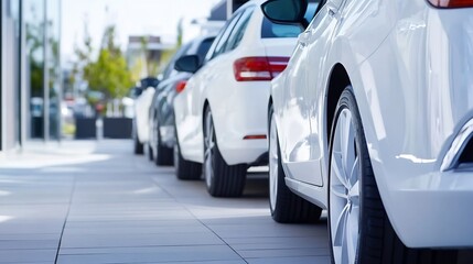 Fototapeta premium Modern vehicles lined up in a stylish urban setting showcasing contemporary car designs and seasonal sunlight : Generative AI