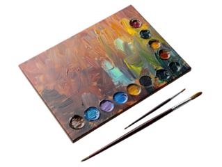 A painter's palette featuring a range of vibrant colors and a brush, showcasing the tools for artistic creation.
