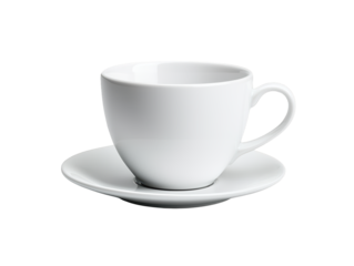 A simple white cup and saucer set with a smooth finish, ideal for serving hot beverages.