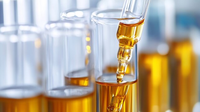 Closeup view of clear glass pipette dripping essential oil into an elegant test tube filled with golden liquid : Generative AI