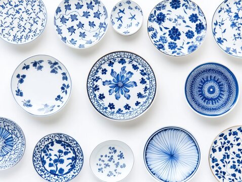 Assorted blue and white china plates on white background