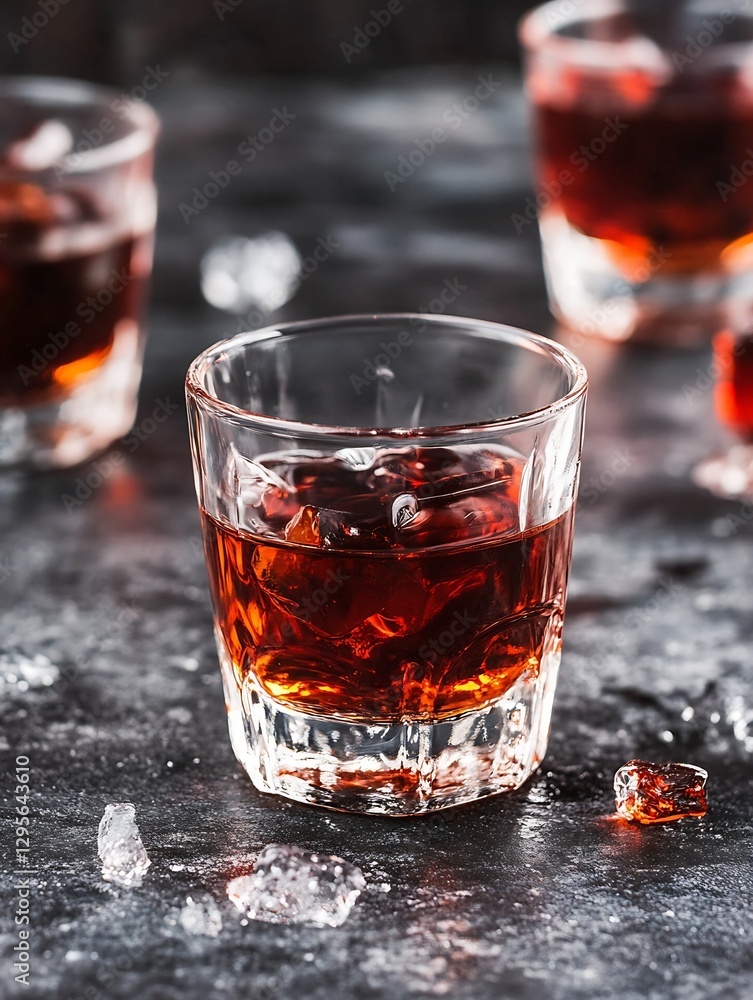 Poster richly colored drink served in a clear glass adorned with ice cubes against a dark backdrop : genera