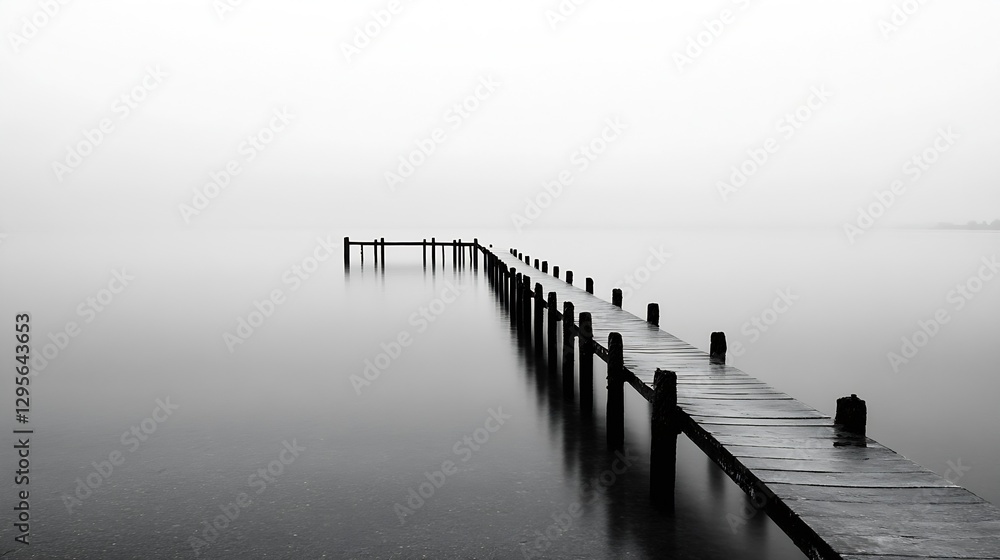 Poster lonely wooden pier emerging into still waters shrouded in mist creating a serene monochrome scene : 