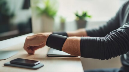 A person with an elbow injury adjusting a compression sleeve while sitting at a minimalist desk. Featuring injury care and support