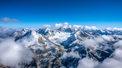 Fototapeta premium Aerial View of Majestic Snowy Mountain Range with Clouds : Generative AI