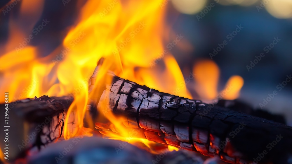 Poster Dynamic close up of vivid flames dancing on charred wood logs in a cozy fire : Generative AI