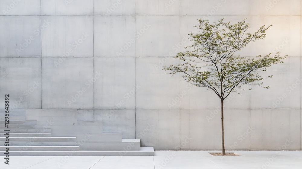 Poster minimalist aesthetic of a concrete wall with a lone tree illustrating harmony in design : generative