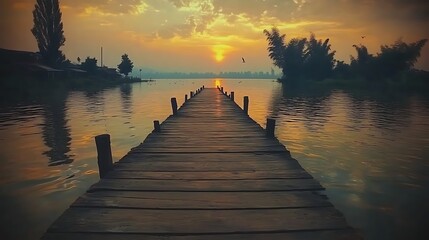 Obraz premium A wooden dock extends towards a serene lake during sunset