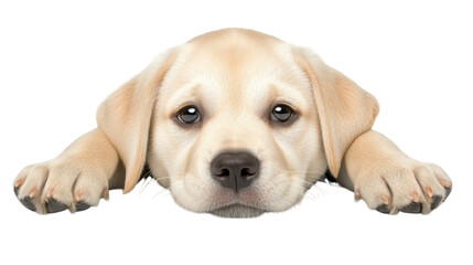 Obraz premium A soft, playful puppy rests its head on its paws, exhibiting a curious and adorable expression.