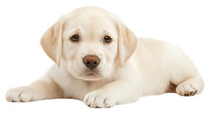 A cute, playful yellow Labrador puppy lying down with a gentle expression, showcasing its soft fur and curious eyes.