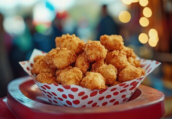 Golden Fried Bites Served in a Colorful Paper Basket at a Festive Outdoor Event, Surrounded by a Blurred Crowd Enjoying the Food Atmosphere