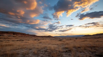 Vast Plains Under Colorful Sunset with Dramatic Cloud Formation : Generative AI