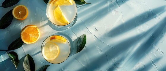 Martini cocktail with citrus fruit slice on a vibrant color background. Minimal flat lay composition with copy space for beverage design and print. Summer and cocktail party concept. Top view. AIG55.